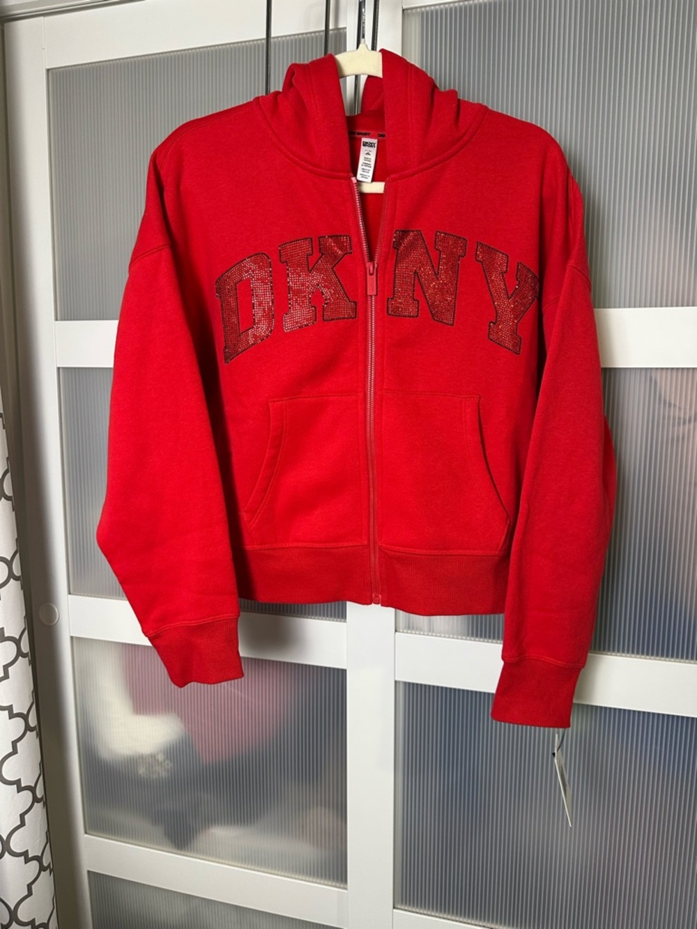 DKNY Sport Red Zip Hoodie Rhinestone Logo Women’s Size Small NWT